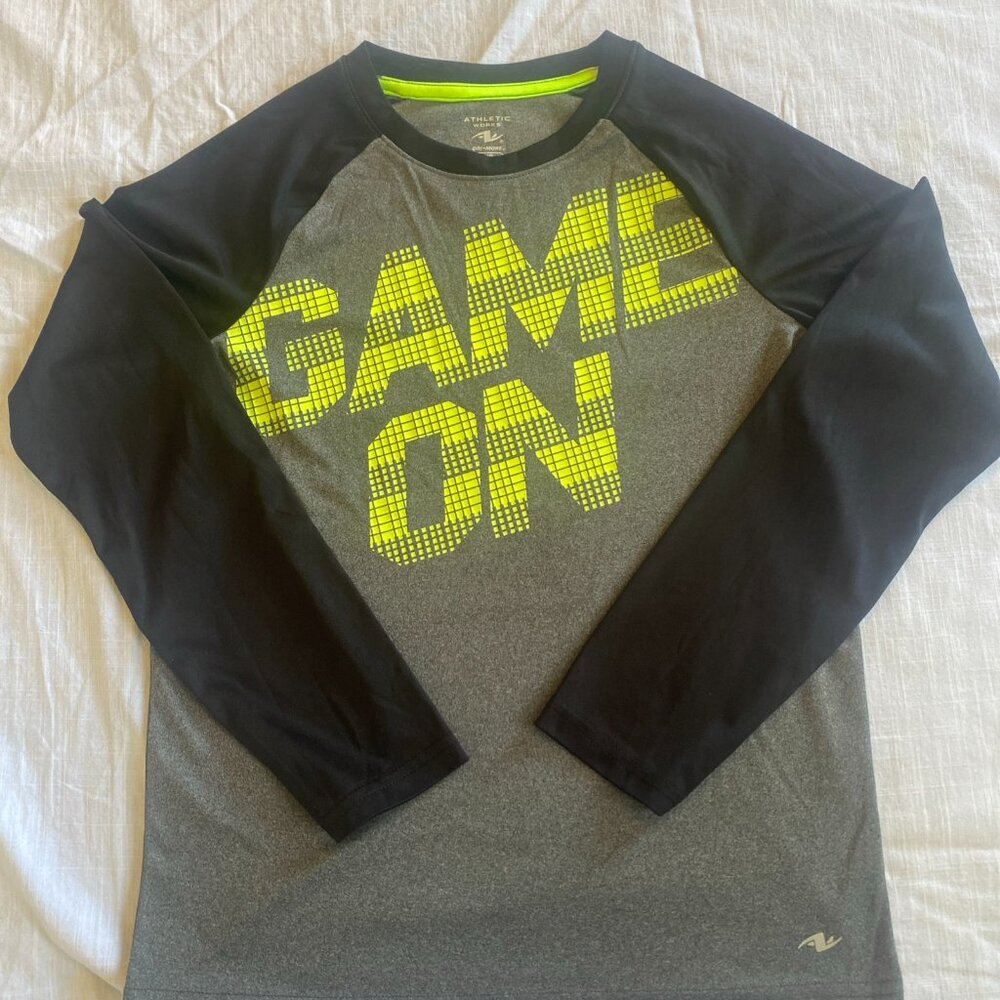 Athletic Works Boys Long Sleeve Tee Shirt Size Large (10/12) Black "Game On "